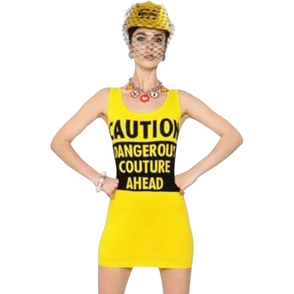 S AUTH Moschino CAUTION Dangerous Couture Ahead Runway Sleeveless Mini Dress